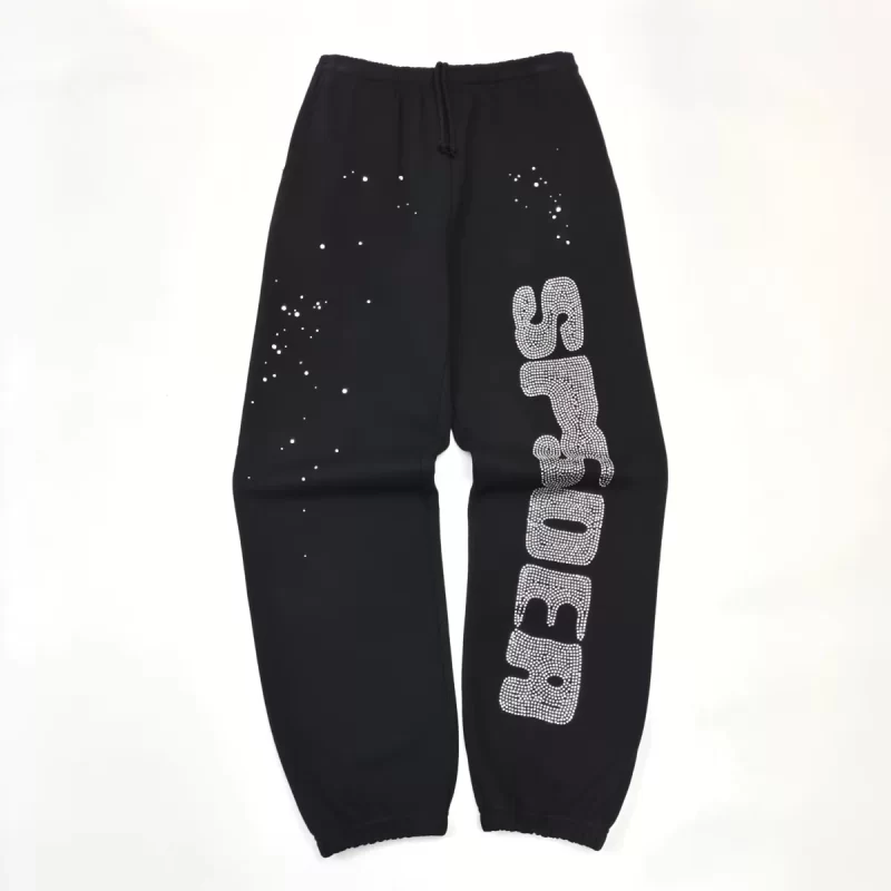 Sp5der Rhinestone Sweatpants Black – Crystal Logo Streetwear Pants 420g