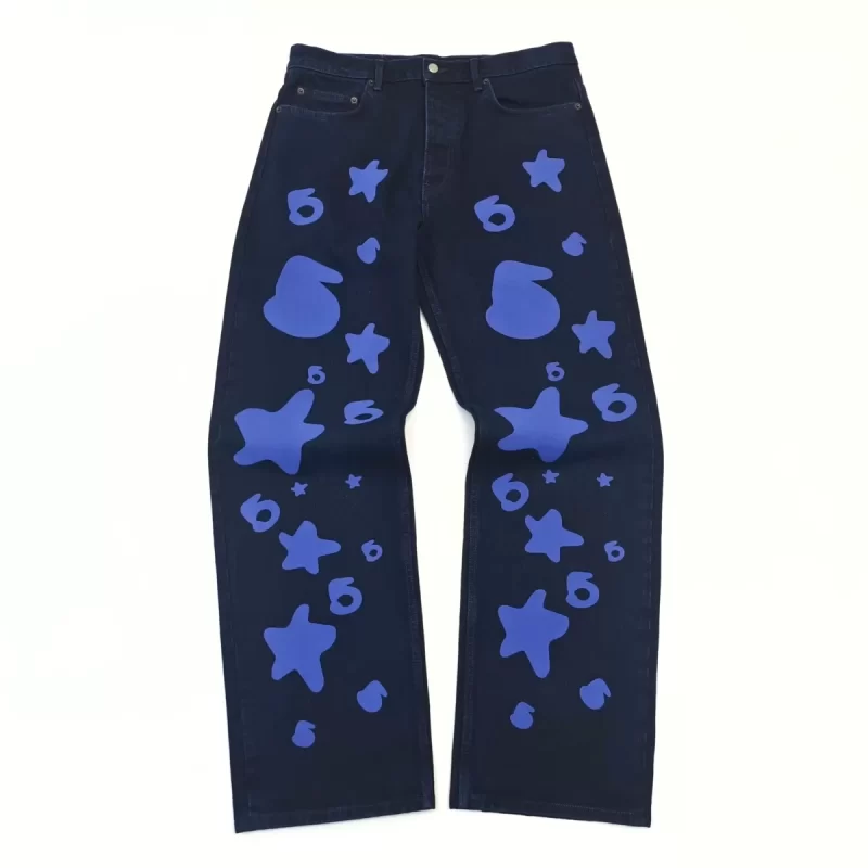 Sp5der Star Denim Jeans – Dark Blue Graphic Washed Streetwear Jeans