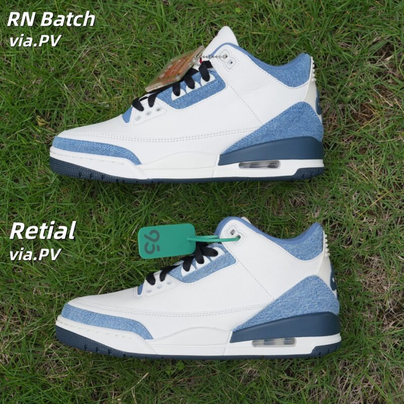 Levis Air Jordan 3s All-Star RN Batch vs Retail alternate side view comparison