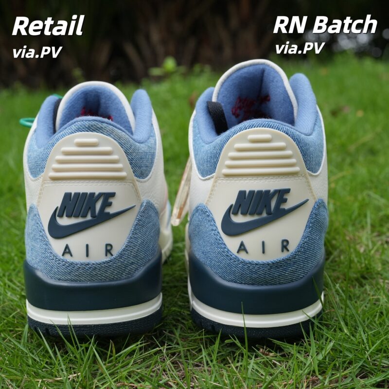 Levis Air Jordan 3s All-Star RN Batch vs Retail heel comparison