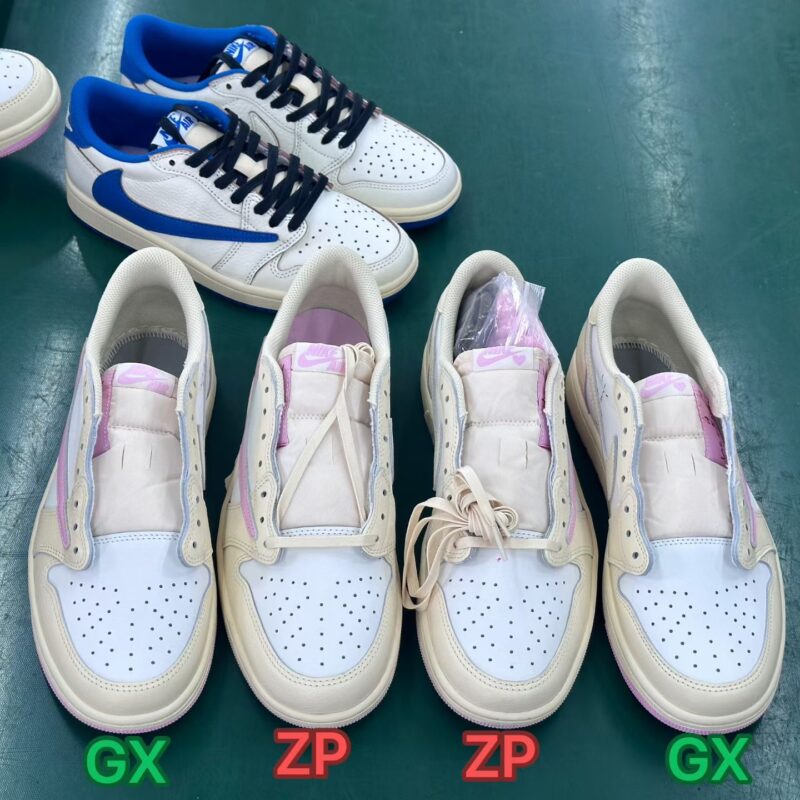 Travis Scott Shy Pink GX Batch vs ZP Batch Top View Comparison Top View Comparison – Toe Box, Tongue, and Overall Shape