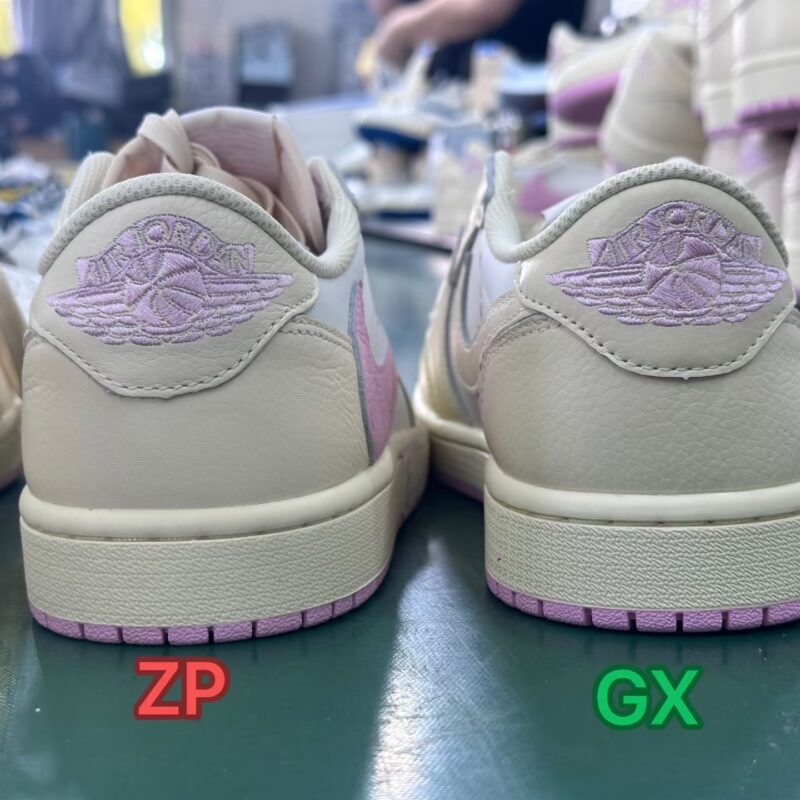 Travis Scott Shy Pink GX Batch vs ZP Batch Wings Logo Heel Comparison Travis Scott Shy Pink GX Batch vs ZP Batch Air Jordan Wings heel embroidery comparison