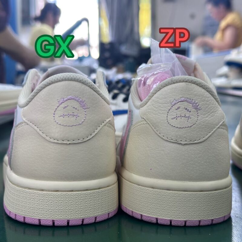 Travis Scott 1s Shy Pink GX Batch vs ZP Batch Heel Face Logo Comparison Travis Scott 1s Shy Pink GX Batch vs ZP Batch heel face logo embroidery comparison